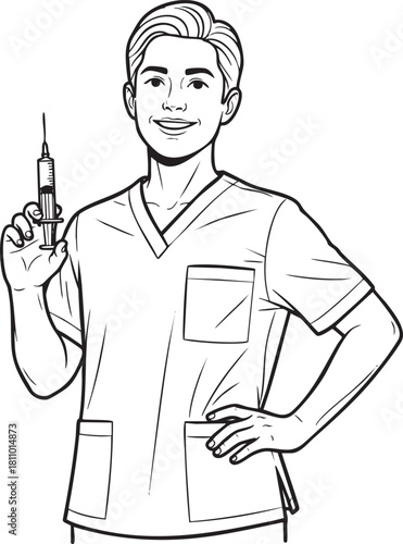 A smiling male nurse in scrubs holding a syringe a black and white line art illustration for coloring.