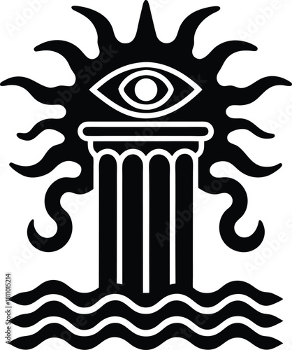 Eye atop a column with radiating sunbeams and water waves illustration