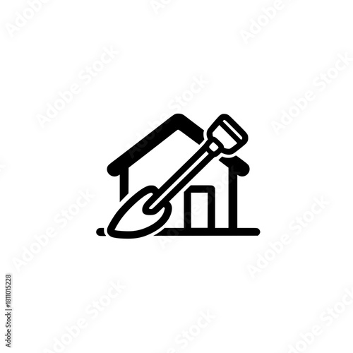 House icon with shovel symbol representing construction renovation and home improvement vector concept