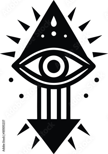 Abstract all seeing eye pyramid symbol with lines and dots graphic illustration