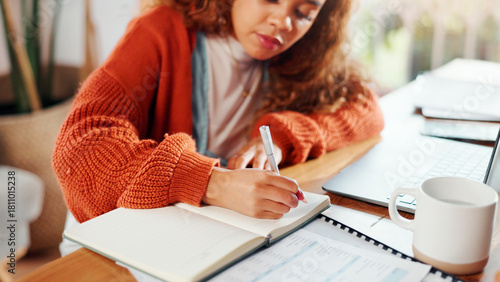 Hands, woman and writing in notebook at house for planning, finance expenses and payment reminder. Female person, notes and documents for household bills, financial management and audit information