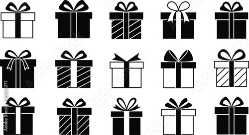 Black and white vector set of fifteen Christmas gift boxes with bows, silhouette collection of holiday presents, various shapes and ribbon styles, birthday celebration element icons, isolated.