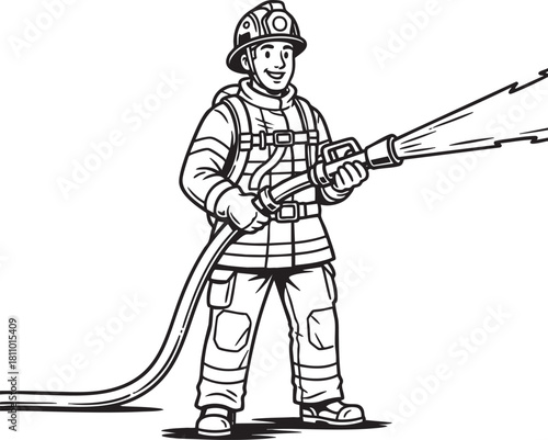 Brave cartoon firefighter in uniform holding a water hose a black and white line art illustration.