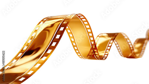 Golden 35mm film strip with photo frames isolated on white background for photography and cinema movie design
