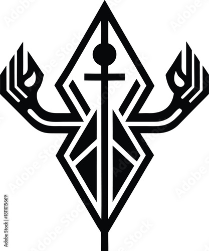 Abstract dark symbol depicting a stylized sword and outstretched hands