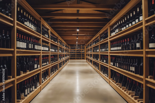 Wine cellar with wooden shelves full of bottles