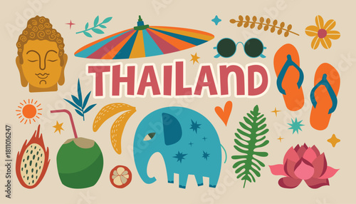 Thailand Cultural Elements Set Vector Illustration. Buddha, an umbrella, an elephant, and tropical fruits. Colorful elements highlight Thailand's vibrant culture and tradition.