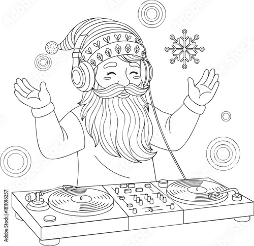 Cool DJ Santa Claus with headphones and striped hat mixing music on turntables Black and white line art for a coloring page.