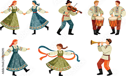 Scandinavian Folk Dance and Traditional Costume Vector Set, Nordic Holiday People, Festive Cultural Characters, Textured Sticker Collection