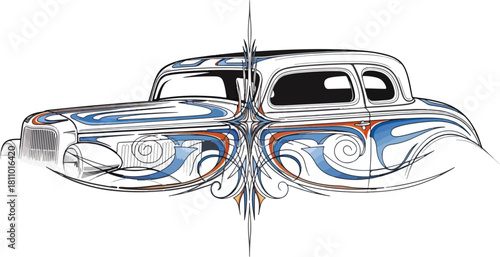 Classic car illustration with swirling design