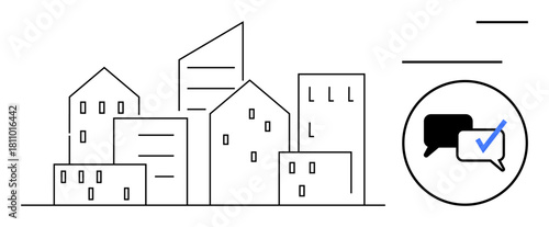 Minimalist cityscape of diverse buildings beside speech bubbles with checkmark. Ideal for urban planning, communication, teamwork, feedback, collaboration, city projects, simple flat metaphor
