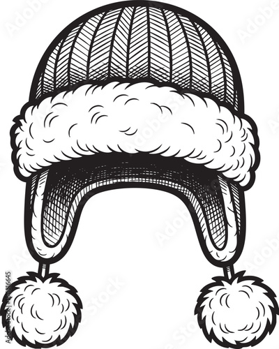 Handdrawn black and white sketch of a winter trapper hat with fluffy pompoms and fur trim.