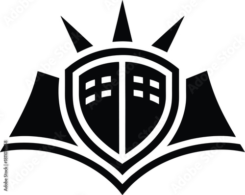 Shield emblem with ship inspired design and sun rays, black and white logo