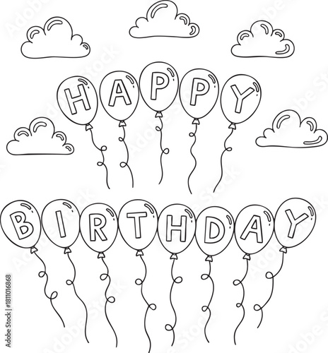 Handdrawn doodle of Happy Birthday spelled on floating balloons with strings surrounded by simple sketched clouds in black and white line art.