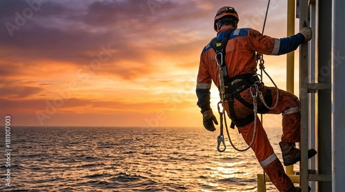 Offshore worker abseiling from platform height against a dramatic sunset sky and shimmering sea background