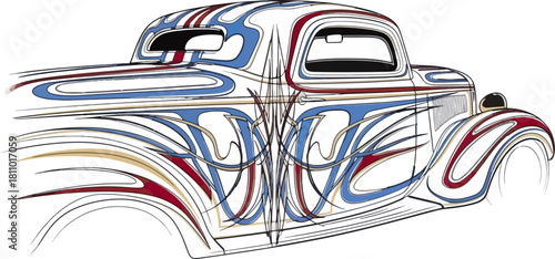 Classic car illustration with swirls and flames design