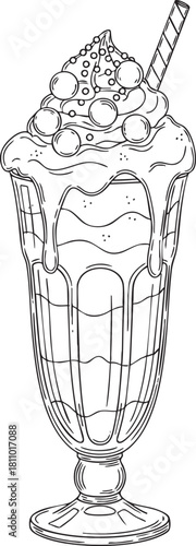 Handdrawn line art of a layered ice cream sundae with whipped cream dripping sauce and a wafer stick.
