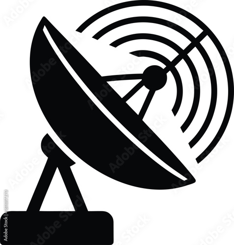 Black silhouette of a satellite dish receiving signals and broadcasting waves