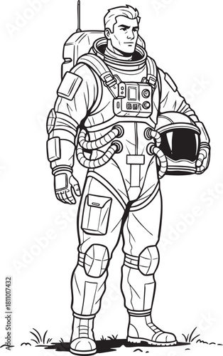 Heroic male astronaut in a detailed spacesuit holding his helmet depicted in black and white comic book style line art.