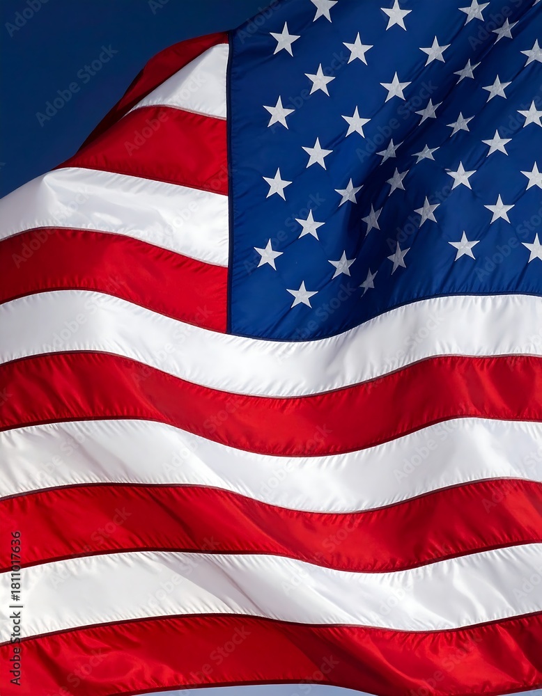 Obraz premium Close-up view of a national flag, its stripes and stars billowing in the wind against a deep blue sky