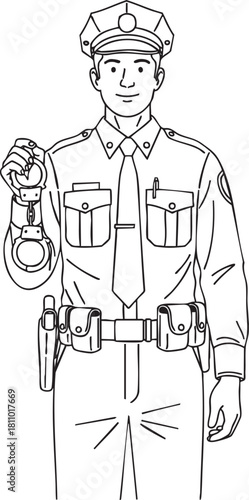 Line art illustration of a male police officer in uniform holding up a pair of handcuffs.