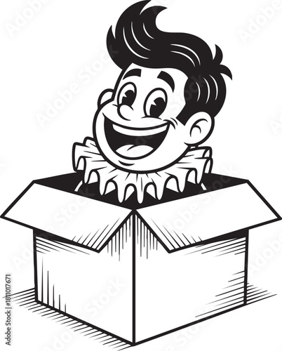Joyful cartoon boy with a ruffled collar popping out of a box A black and white line art illustration.