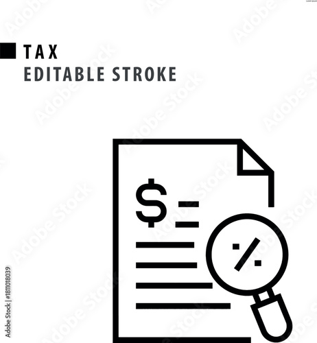 Tax document review with magnifying glass icon.