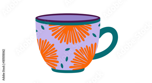 Vibrant Flat Vector Decorative Ceramic Mug - Modern Floral Teacup Illustration