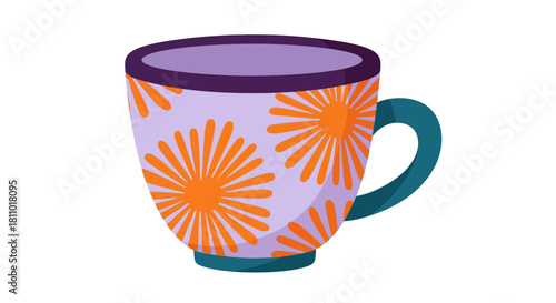 Vibrant Flat Vector Decorative Ceramic Mug - Modern Floral Teacup Illustration
