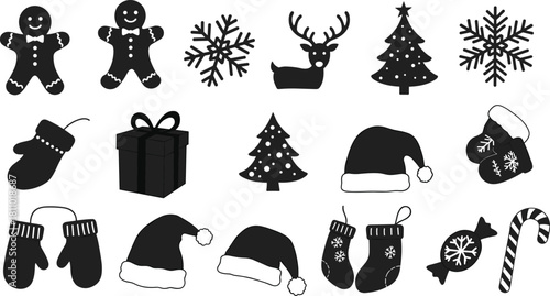 Black Christmas Holiday Silhouette Vector Icon Set, Festive Winter Elements Collection, Gingerbread Man Reindeer Tree Snowflakes Present Mittens Candy Santa Hat Stocking Clipart Isolated Graphics.