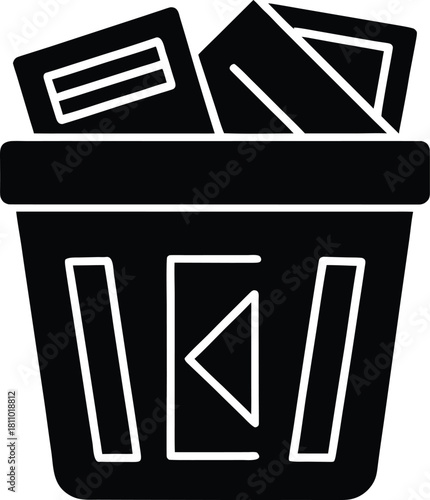 Full trash can with papers and documents black icon vector illustration