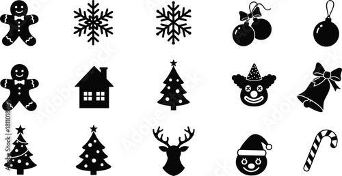 Black Christmas Silhouette Icons Vector Set, Festive Holiday Symbols Collection with Gingerbread Man, Snowflakes, Ornaments, Tree, Reindeer, Santa Claus Face, and Candy Cane for Design.