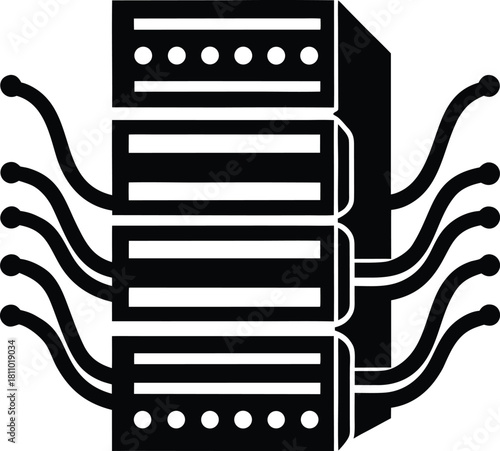 Connected servers symbol: network hardware with cables and data stream lines