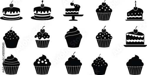 Black Silhouette Cake and Cupcake Icons Set, Birthday and Holiday Dessert Symbols with Cherry Toppings, Bakery Food Vector Illustration Collection, Sweet Treats.