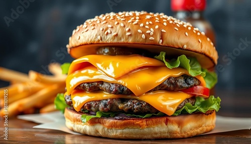 Fototapeta Naklejka Na Ścianę i Meble -  Juicy double cheeseburger with melted cheese, sesame seed bun, lettuce, tomato,  food,  cheesy