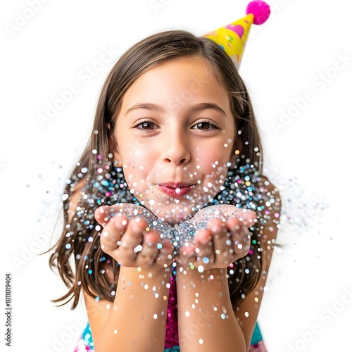Little girl happy blowing glitter wearing party hat, white background, birthday celebration