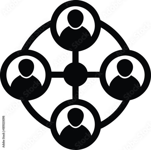 Circular social network diagram with interconnected people figures in circles