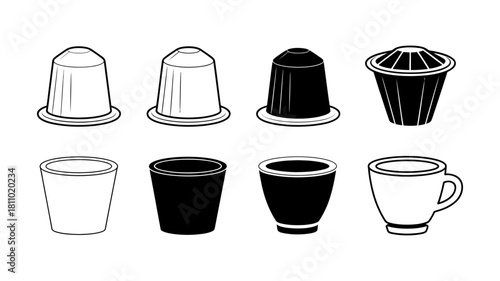 Collection of various coffee capsules and cups in black and white line art and silhouette styles, illustrating modern brewing essentials.