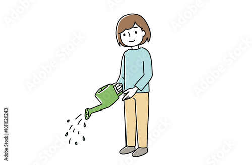 ジョウロで水をまく女性のイラスト