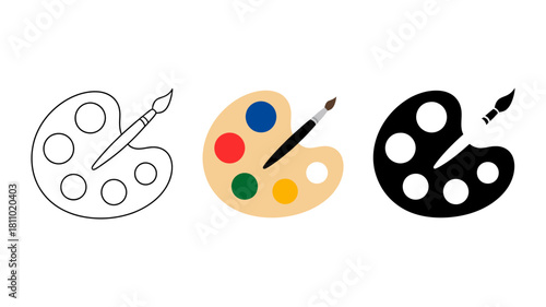 Art palette with paintbrush vector icon set featuring outline, full color, and silhouette styles, illustrating creativity and artistic tools