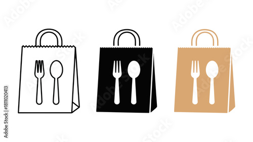 Takeaway food delivery paper bag icon set with fork and spoon, illustrating restaurant takeout, online order, meal service, packaging, and delivery.