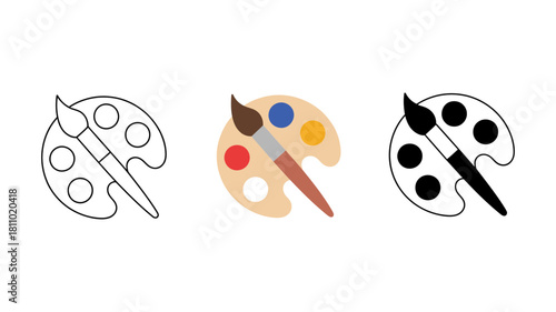 Art palette and brush icon set in three distinct styles: outline, color, and solid, representing creativity, art tools, and inspiration.