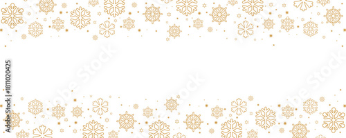 Horizontal Christmas and winter banner template featuring borders of scattered golden snowflakes and small stars on the top and bottom of a central white background.