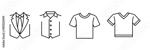 Clothing icons set: business suit, dress shirt, crew neck t-shirt, and v-neck t-shirt. fashion and apparel line vector illustration on white