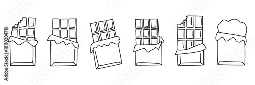 Line art doodle set of various chocolate bars, from whole to bitten and unwrapped, representing sweet indulgence and confectionery. perfect for design projects.