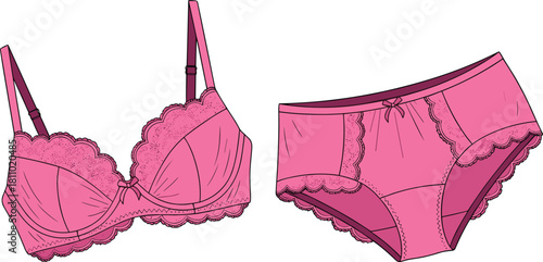Bright pink full-coverage underwire bra and brief panties set flat vector illustration, romantic lingerie fashion design technical sketch with scallop lace.