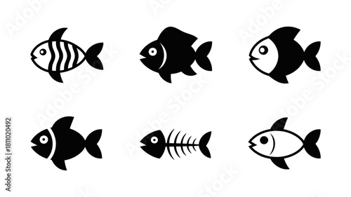 Fish icons collection, various stylized aquatic animal symbols for graphic design, marine life, and ocean themes. simple vector art pack