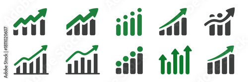 Growth charts and upward trend icon set depicting business success, financial increase, market progress, data analysis, profit, and positive gain.
