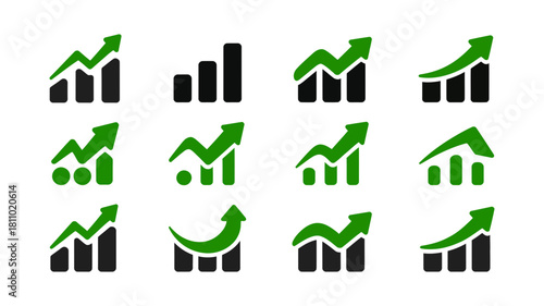 Collection of diverse green and black ascending arrow growth chart icons, symbolizing business success, financial increase, and market trend progression
