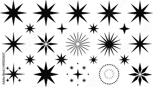 Collection of Black Starburst and Star Shapes on White Keywords: starburst, star, shape, icon